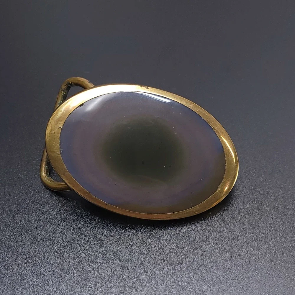 Vintage 1991 BTS Group Agate Stone Belt Buckle Brass Tone Oval‎ Made in USA